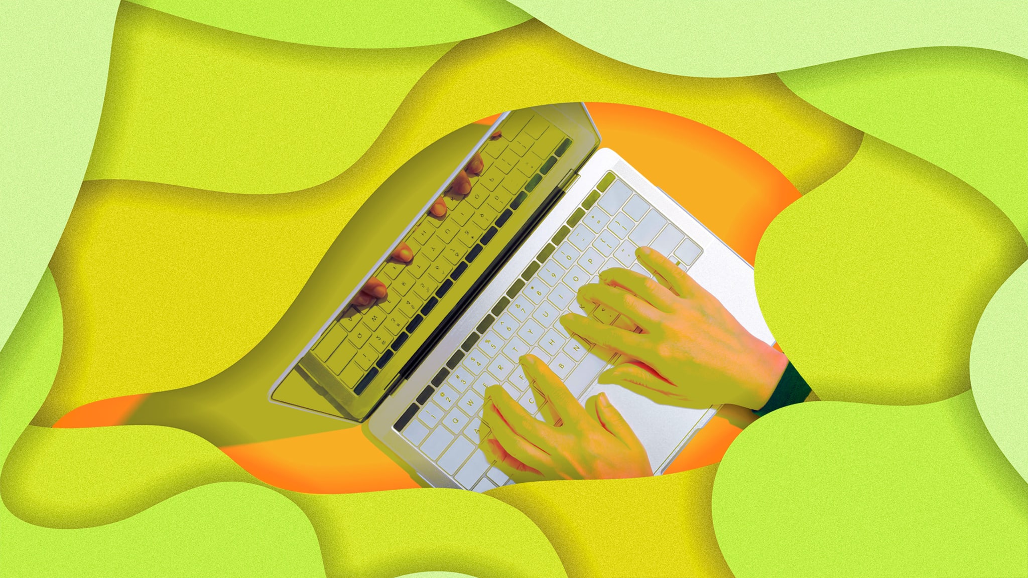 A pair of yellow cartoon hands typing on a laptop